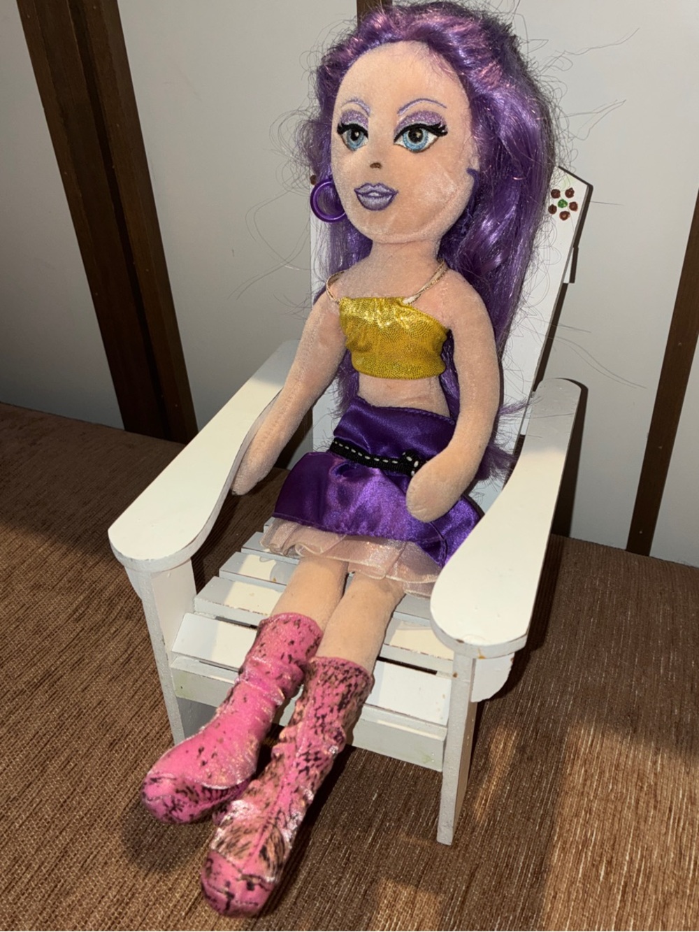 Ty Purple-Haired Doll with Gold Top, Purple Skirt and Pink Boots